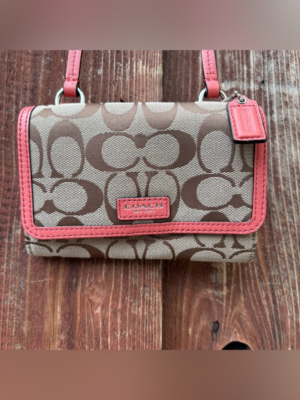 Coach Signature Canvas Crossbody Wallet Coral Trim